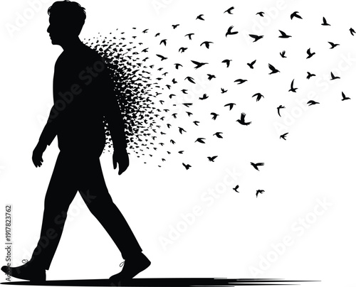 Black silhouette of a man walking while his body transforms into a flock of flying birds, symbolizing freedom and transformation.
