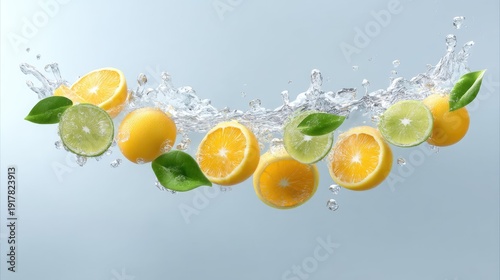 Fresh Slices of Citrus Fruits with Water Splash on Light Background, Vibrant Lemons and Limes, Healthy Food Concept and Refreshing Beverage Ingredient