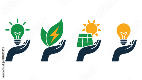 Save energy green power icon set, vector illustrations representing renewable energy, sustainable living, Eco-friendly technology, electricity conservation, environmental awareness, and digital 