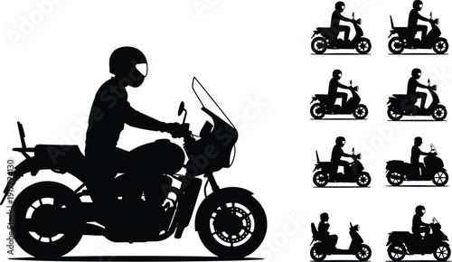 Motorcycle rider silhouettes collection, motorbike and scooter driver icons isolated on light background transportation vector illustration set