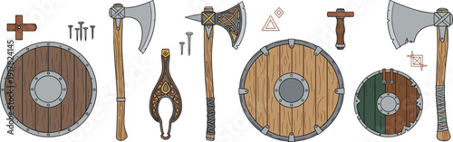 Viking Weapons and Shields Set with Medieval Axes, Wooden Armor, Norse Warrior Equipment, and Ancient Battle Tools Vector Collection.