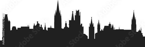 Black silhouette of old European city skyline with gothic cathedrals church spires and historic architecture isolated on a white 