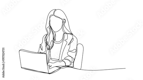woman working on laptop , line drawing style, continuous line art ,  vector illustration