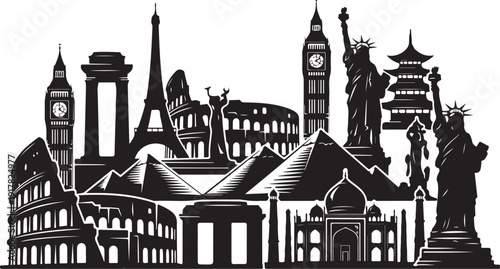 Famous landmarks of the world in black and white