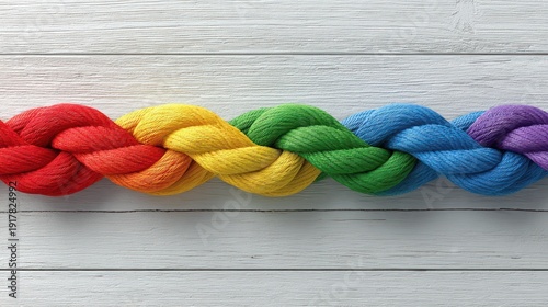 Colorful rope arranged in a wavy pattern against a wood grain background