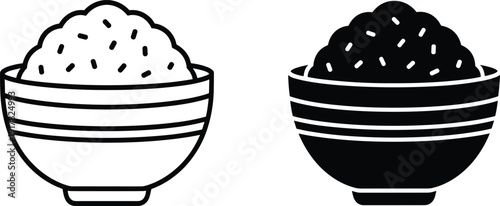 Rice bowl icon set, black and white food silhouette isolated on light background kitchen illustration
