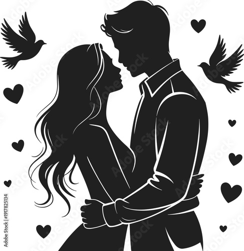 Romantic couple silhouette illustration, loving man and woman embracing with hearts and flying doves, 