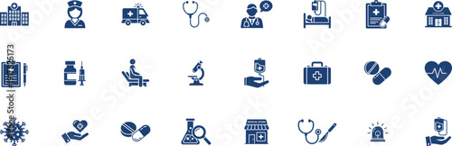 medical icons silhouettes presenting hospital buildings, emergency ambulances, stethoscopes, professional healthcare staff, patient care equipment, and various pharmaceutical treatments.