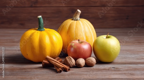 Colorful pumpkins and fresh apples with cinnamon sticks and walnuts arranged on a rustic wooden table, perfect for autumn and harvest themes.