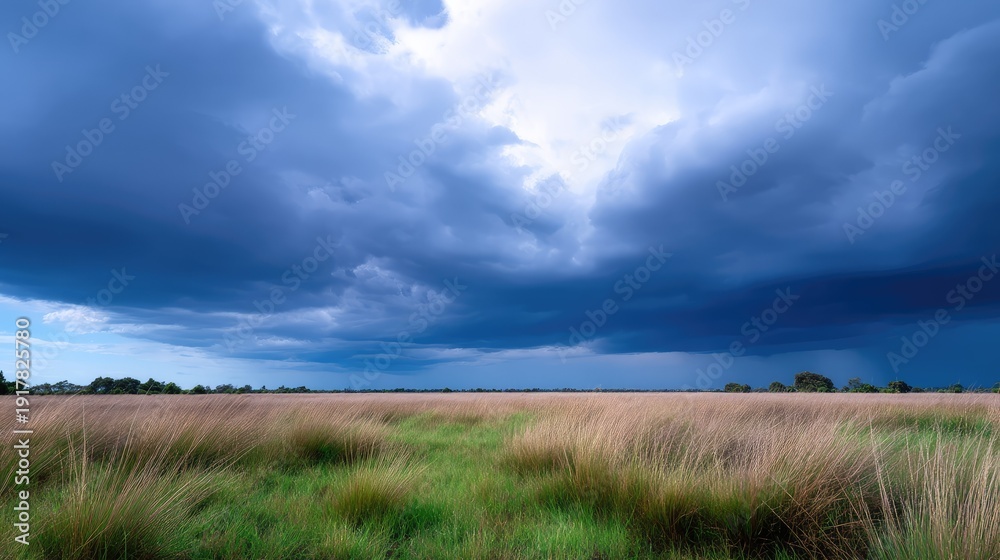 Obraz premium Dramatic Sky Over Open Field with Dark Storm Clouds and Lush Green Grass in the Foreground Creating a Tense Atmospheric Scene
