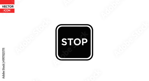 Black Stop Button Icon on White.