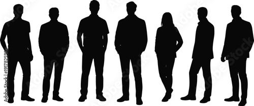 Black silhouettes of diverse business people and casual figures in various poses including sitting, walking, jumping, and celebrating, isolated vector