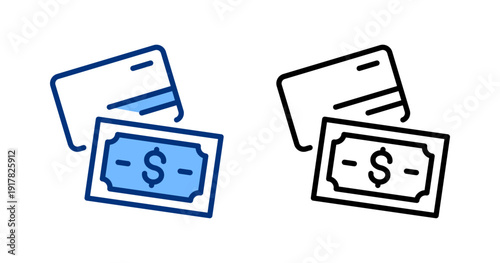 Dollar bill and credit card icons set. Banknote black and blue sign, line icon collection. Payment, money, finance, bank, investment concept. Vector flat illustration. Isolated on a white background.