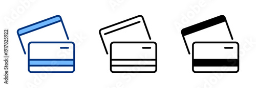 Credit card icons set. Bank cards black and blue line icon, sign collection. Payment, money, finance concept. Vector illustration. Isolated on a white background.