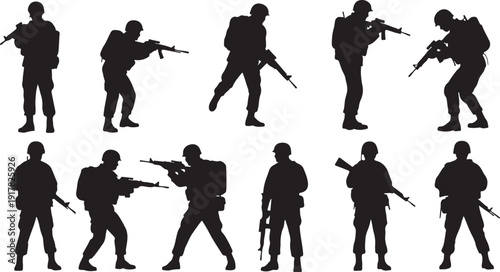Silhouettes of soldiers in various combat positions and stances