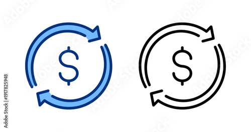 Refund icons set. Money back black and blue line icon. Dollar sign. Circle arrow symbol. Payment, cash,finance, bank concept. Vector flat illustration. Isolated on a white background. Editable stroke.