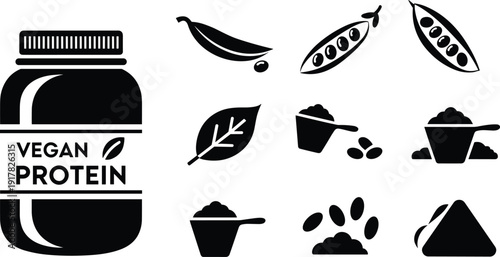 Vegan protein icons set vector illustration, plant based supplement powder jar beans peas leaf black silhouette collection isolated