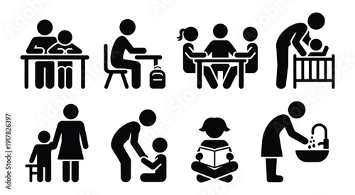 School and learning icons depicting students studying, completing homework, and practising personal hygiene, modern vector illustrations for educational materials, school projects, classroom visuals, 