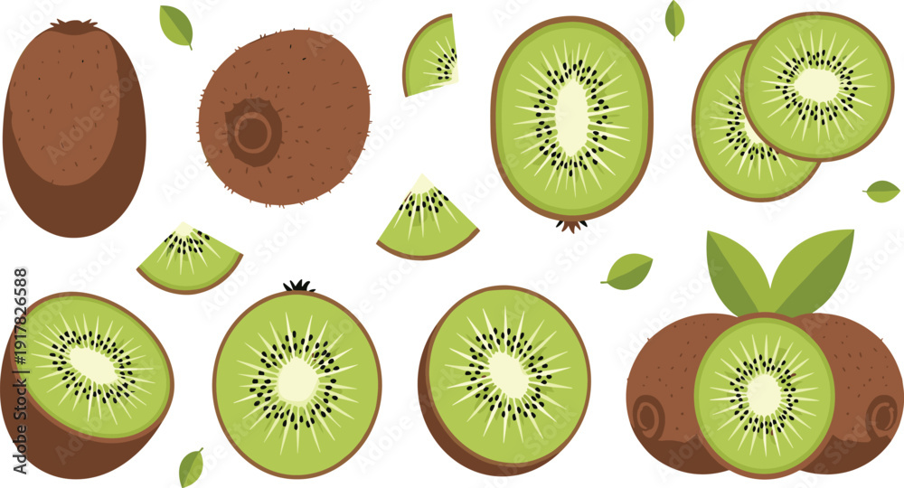 Fototapeta premium Fresh Kiwi Fruit Whole and Sliced with Green Leaves Tropical Organic Food Vector Illustration Set for Healthy Diet and Juice Design.