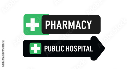 Directional Signs Indicating Pharmacy and Public Hospital Locations for Healthcare Needs