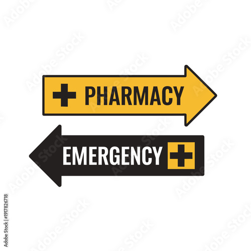 Directional Signs Indicating Pharmacy and Emergency Services in Healthcare Settings
