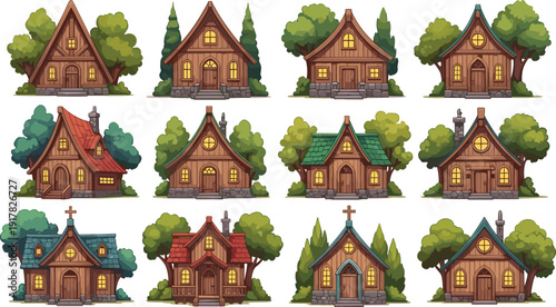Cartoon cottage house illustration set, cozy village homes artwork, rustic cabin design collection, fantasy architecture drawing, colorful residential building illustration