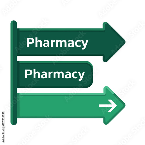 Directional Signs Indicating Pharmacy Locations, Healthcare Guidance, Modern Green Arrows