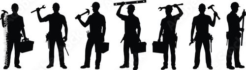 Construction worker silhouettes with tools and toolboxes, professional handyman lineup, industrial labor concept, black vector illustration set isolated on white background