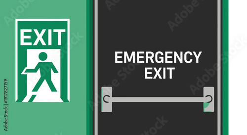 Emergency Exit Door With Sign And Push Bar Illustrating Safety And Directional Guidance