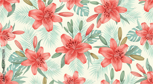 Vibrant tropical floral pattern with coral lillies and greenery on cream background