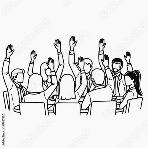 Group of enthusiastic individuals raising their hands in a celebratory or participatory manner isolated on white background, Vector