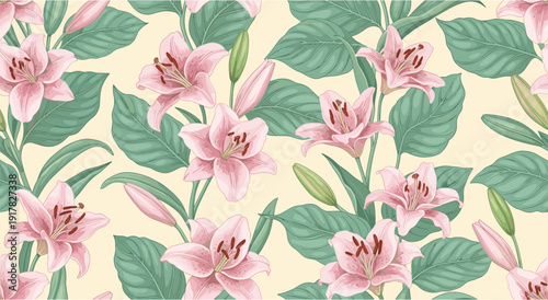 Seamless floral pattern with pink lilies and green leaves on cream background