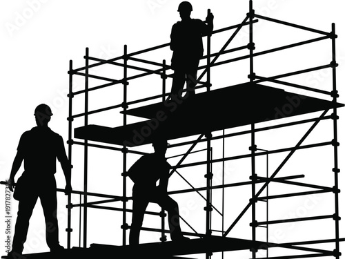 Construction workers working on scaffolding silhouette, industrial building site teamwork concept, black human figures with safety helmets, professional construction vector illustration