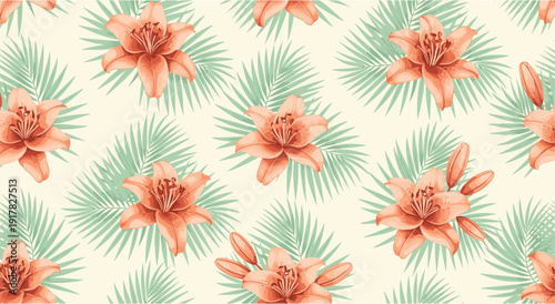 Tropical floral pattern with pink lilies and palm leaves on neutral background