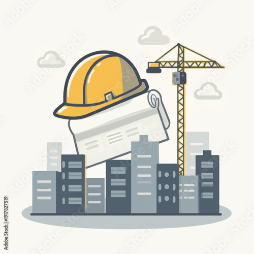 Construction Hard Hat and Blueprint Buildings.