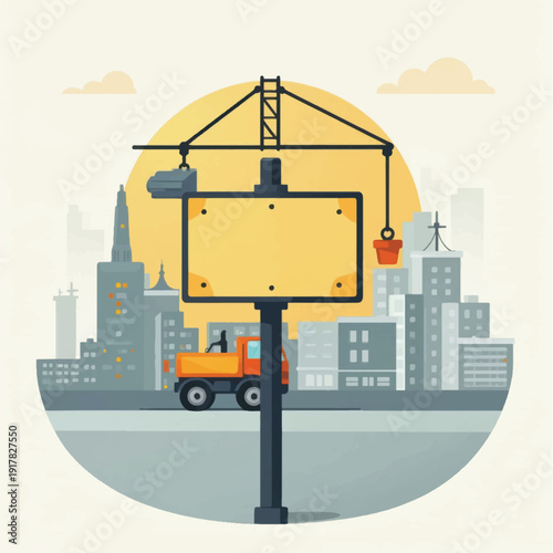 Construction Billboard Sign with Crane and Truck.