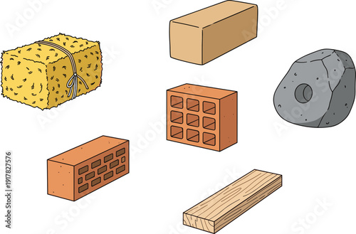 Construction material illustration set hay bale brick stone wood plank cement block building supplies isolated vector industrial architecture design