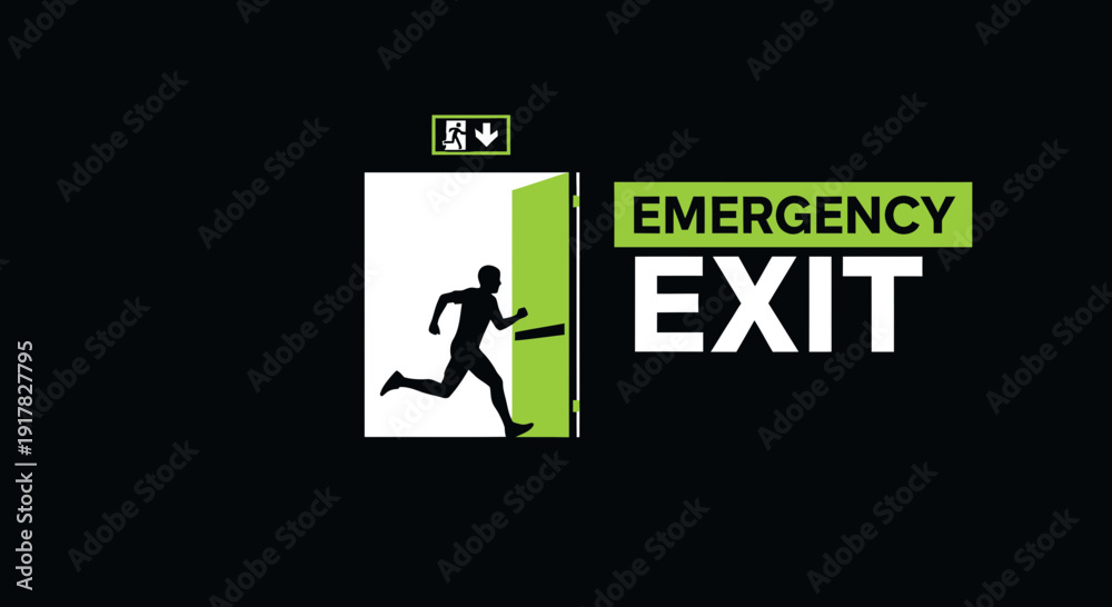 Fototapeta premium Emergency Exit Sign Illustrating Escape Route, Safety, and Immediate Evacuation Guidance