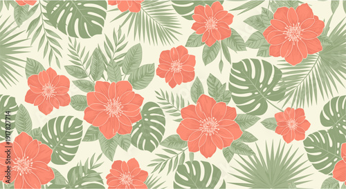 Tropical floral pattern with vibrant leaves and flowers in seamless design