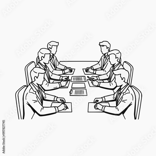 Four chefs collaborating around a table with cooking utensils and ingredients isolated on white background, Vector