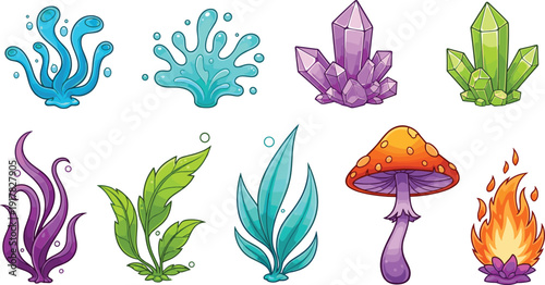 Fantasy game asset icons set, colorful crystal water fire plant elements, cartoon magic symbols, nature resources illustration collection design