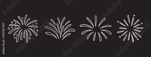 Firework doodles and festive hand drawn firecrackers set. Minimal sketch style celebration icons with stars, sparkles, magical bursts. For party and holiday designs. Vector illustration, black bg