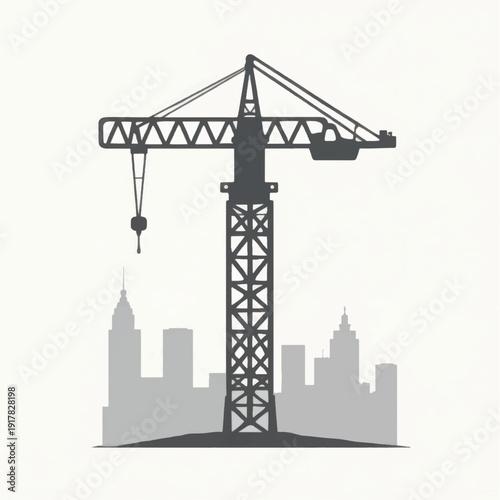 Crane Silhouette Against City Skyline Background.