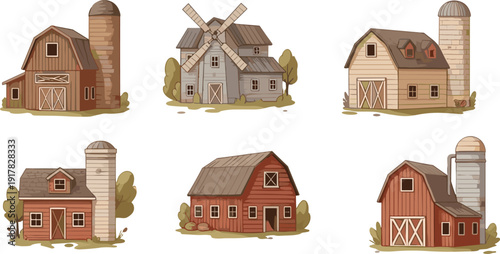 Farm buildings illustration set, rustic barns windmill silo rural agriculture houses collection countryside architecture icons isolated vintage farming design