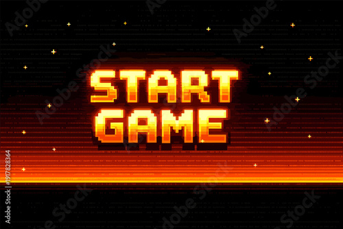 Retro pixel art start game screen with glowing text and starry background