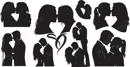 Silhouettes of loving couples in romantic poses and kisses