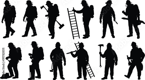 Firefighter silhouette set, emergency rescue professionals carrying ladder axe hose equipment, fire brigade action poses, isolated black vector illustration collection
