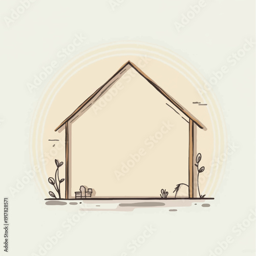 Simple House Illustration with Plants and Roof.