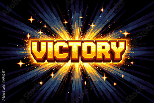 Retro style pixel art victory text with explosive burst and sparkles