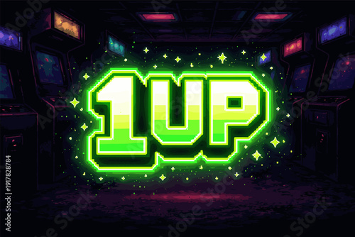 Retro arcade 1up neon sign with pixel art style in vintage game room